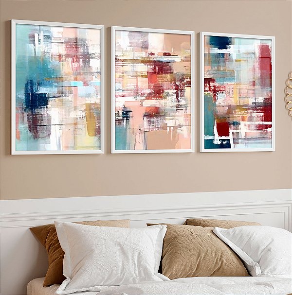 Kit 3 Quadros Com Moldura Abstrato Cores Claras