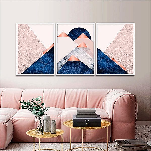 Kit 3 Quadros Decorativos Com Moldura Pirâmides Rose