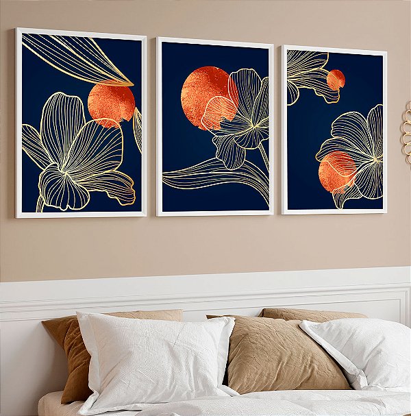 Kit 3 Quadros Com Moldura flores fundo azul