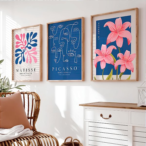 Kit 3 Quadros Com Moldura Arte Flores Matisse Azul e rosa