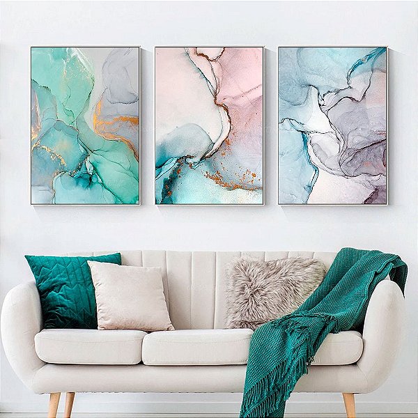 Kit 3 Quadros Decorativos Com Moldura Arte Marmorizada
