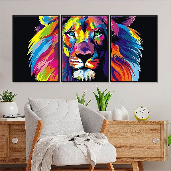 Kit 3 Quadros Decorativos Com Moldura Leão De Judá Abstrato Aquarela