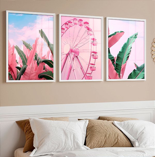 Kit 3 Quadros Com Moldura Arte Love Pink