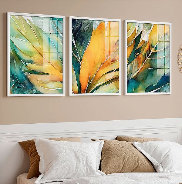 Kit 3 Quadros Com Moldura Folhas Aquarelas do Brasil