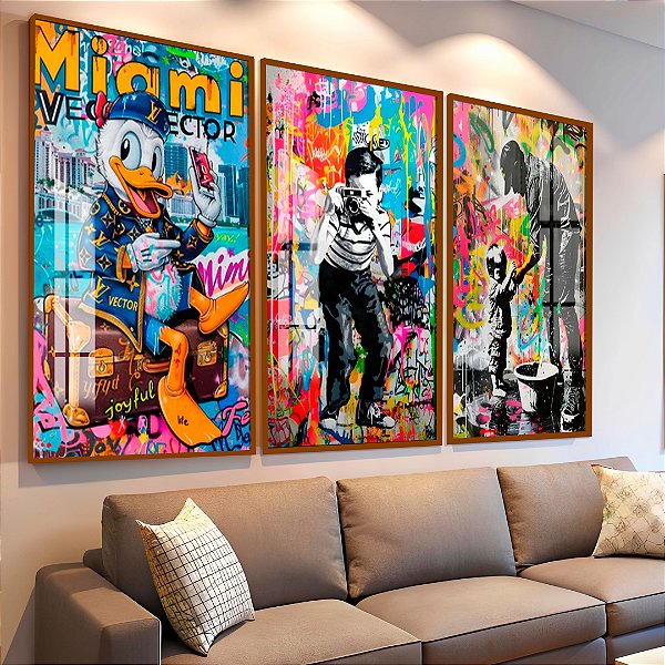Kit 3 Quadros Com Moldura Classic Street Art  Graffiti
