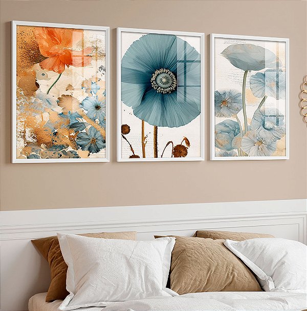 Kit 3 Quadros Com Moldura Conjunto Harmonia das Flores