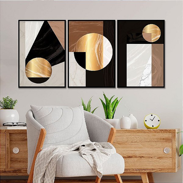 Kit 3 Quadros Decorativos Com Moldura Textura Abstrata Geo
