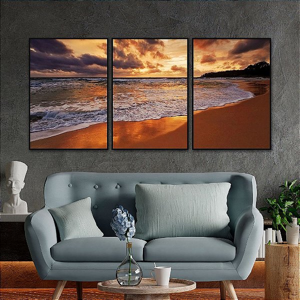 Kit 3 Quadros Decorativos Com Moldura Paisagem Mar Pôr Do Sol