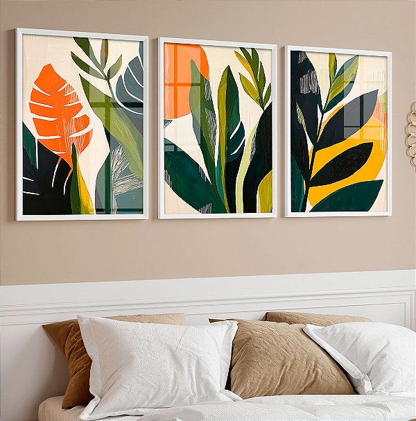 Kit 3 Quadros Com Moldura Pintura Botânica