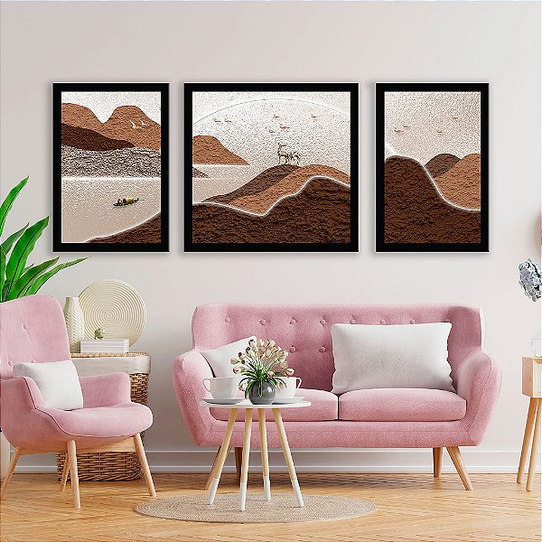 Kit Quadros Decorativos Com Moldura Paisagem Montanhas Alces Abstrato