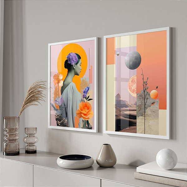 Kit 2 Quadros Decorativos Com Moldura Colagem Mulher colagem flor geometria