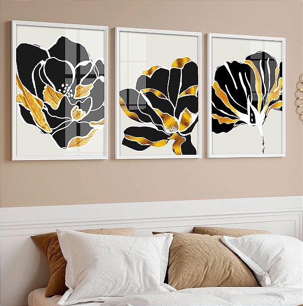 Kit 3 Quadros Arte Flor Black Gold