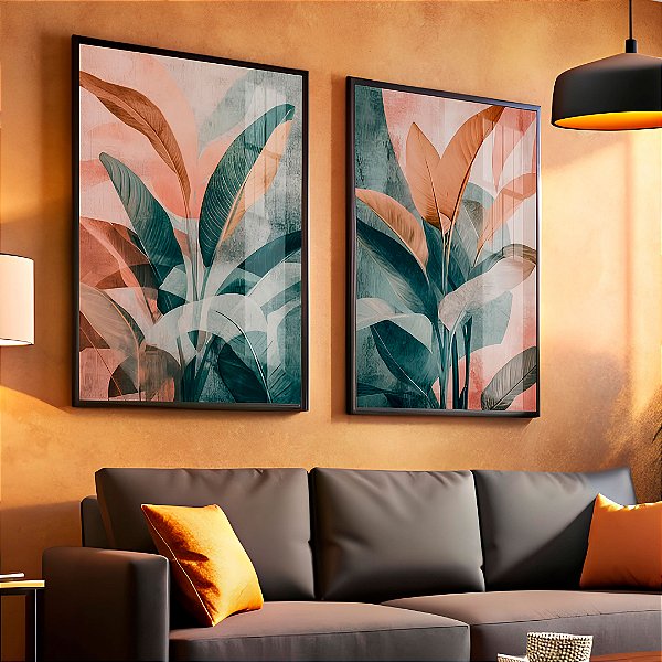 Kit 2 Quadros Com Moldura Folhas Tropicais