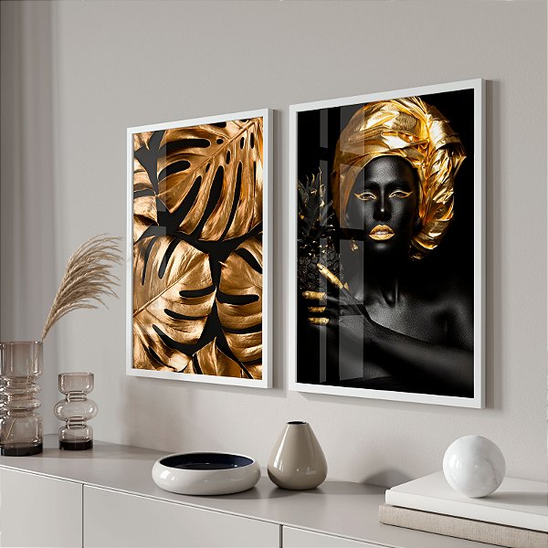 Kit 2 Quadros Decorativos Com Moldura Folha Gold Black