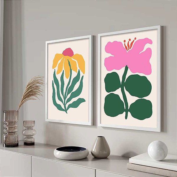 Kit 2 Quadros Decorativos Com Moldura Flores organicas