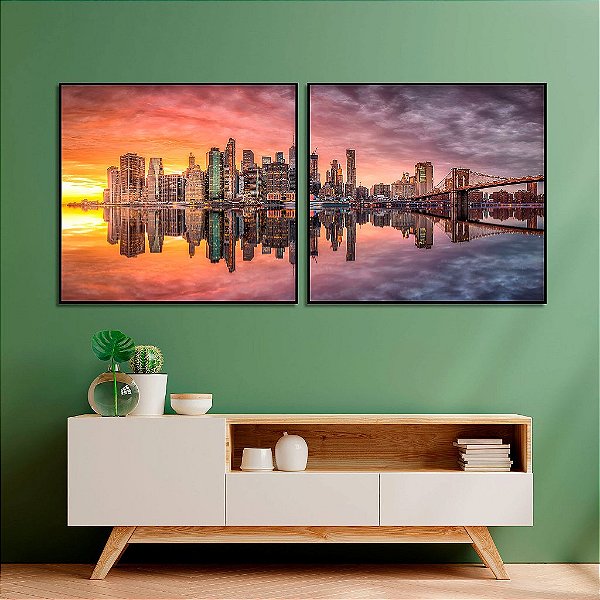 Kit 2 Quadros Decorativos Com Moldura Paisagem Pôr do Sol Manhattan