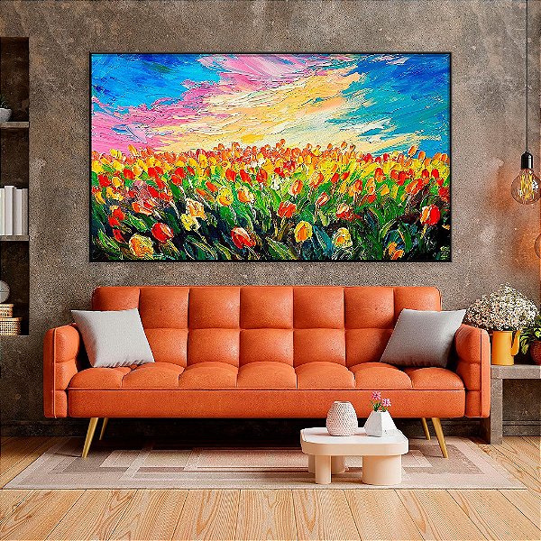 Quadro Decorativo Com Moldura Tulipas Coloridas No Pôr Do Sol