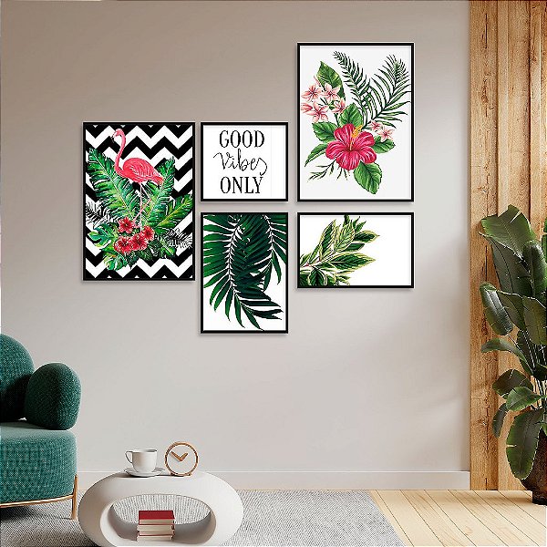 Kit 5 Quadros Decorativos Com Moldura Flamengo & Plantas Good Vibes