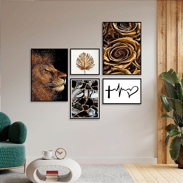 Kit 5 Quadros Decorativos Com Moldura Leão Mármore Moderno Black & Gold
