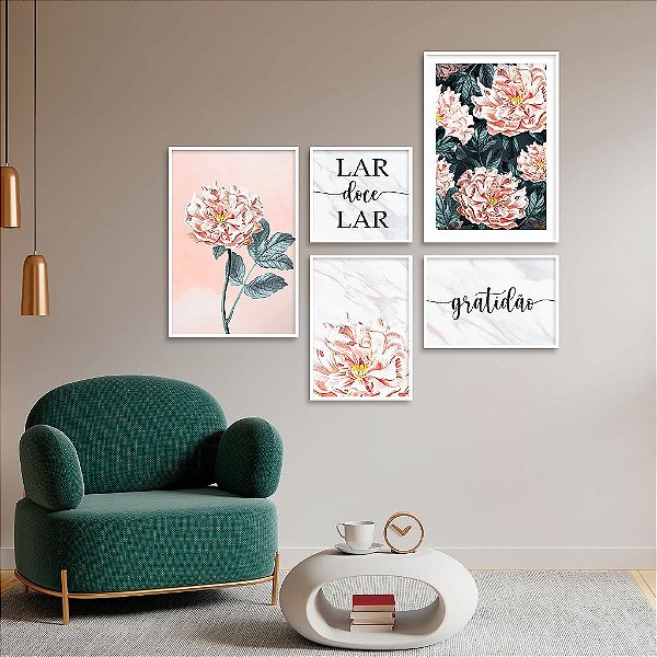 Kit 5 Quadros Decorativos Com Moldura Lar Doce Lar Flores Rosas