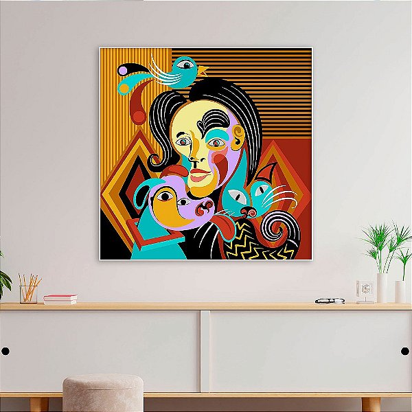 Quadro Decorativo Com Moldura Arte Contemporânea Mulher Com Animais Abstrato