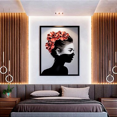Quadro Decorativo Com Moldura Rosto Feminino Em Grafite Com Flores