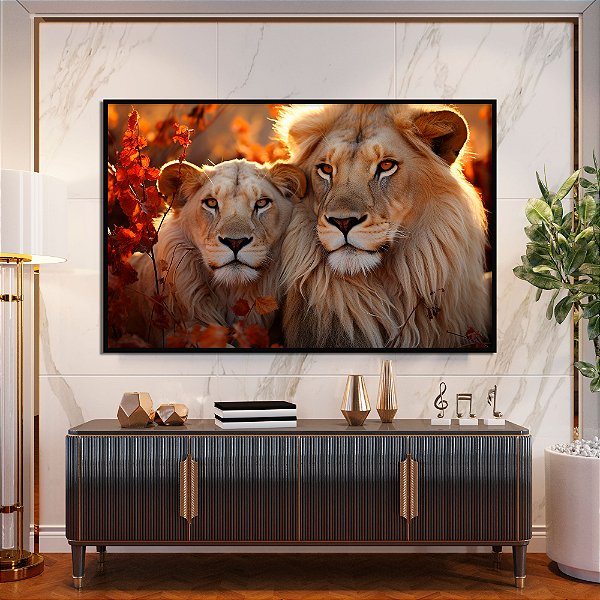 Quadro Decorativo Leões Casal Por do Sol