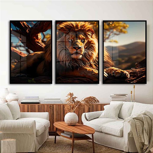 Kit Quadros Decorativos Leão Na Savana