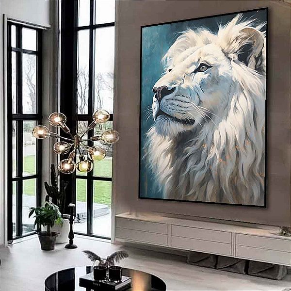 Quadro Decorativo Leão Branco Coração de Leão