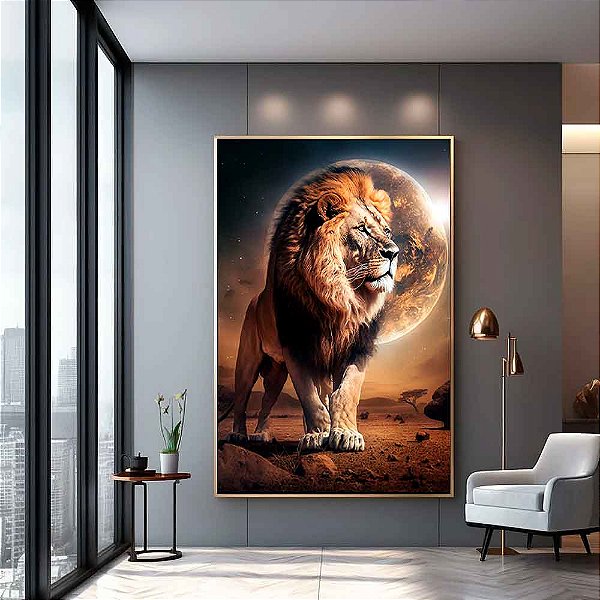 Quadro Decorativo Leão Na Savana Ao Luar