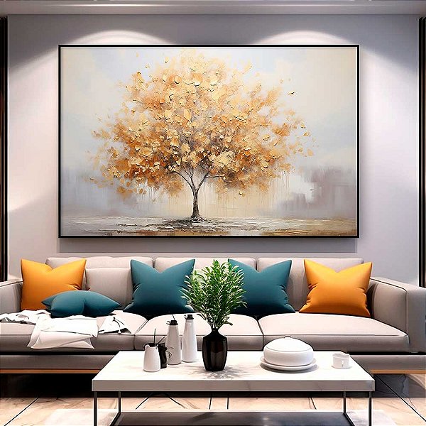 Quadro Decorativo Arvore Dourada Efeito Chumbo