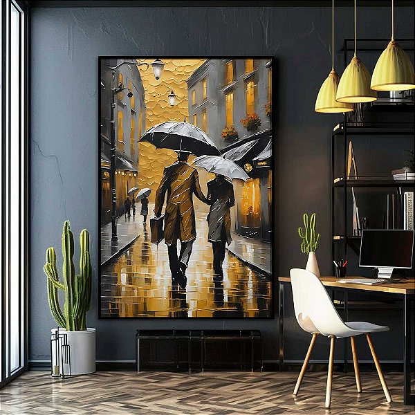 Quadro Decorativo Cidade Andando Na Chuva