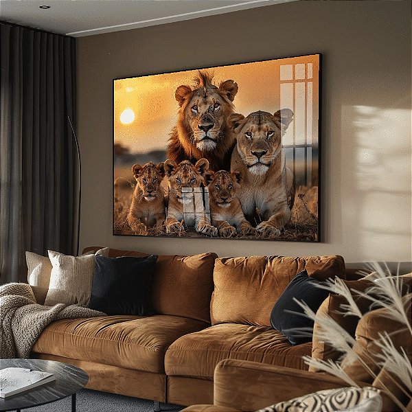 Quadro Decorativo Família De Leão Amor Fraterno Savana