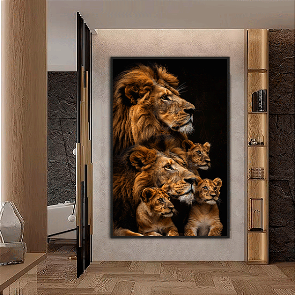 Quadro Decorativo Família De Leão 3 Filhotes Fundo Escuro
