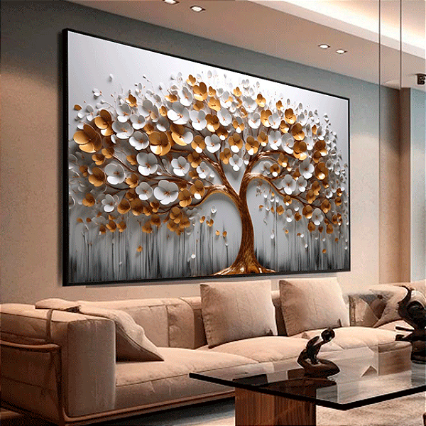 Quadro Decorativo Cerejeira Branco E Dourado