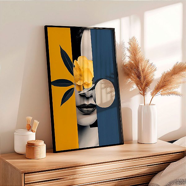 Quadro Com Moldura Mulher formas amarelo e azul