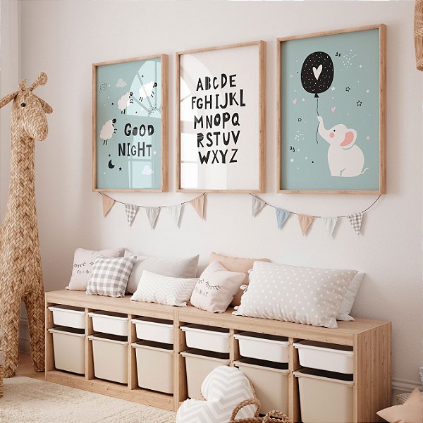 Kit 3 Quadros Infantil Carneirinhos Elefante Abecedário Balão Coração
