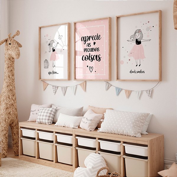 Kit 3 Quadros Infantil Menina Pássaro Livre Aprecie as Pequenas Coisas