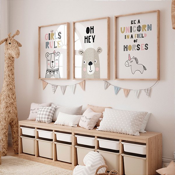 Kit 3 Quadros Infantil Ursinhos Unicórnio Girls Rule