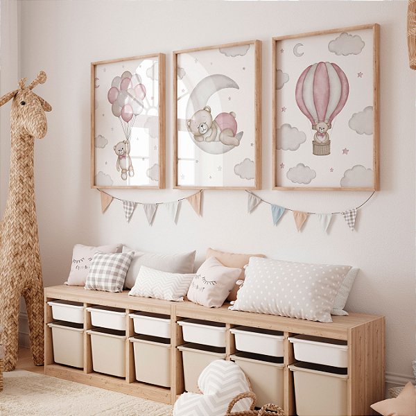 Kit 3 Quadros Quarto Menina Urso Boa Noite Balões Rosa