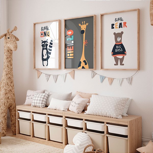 Kit 3 Quadros Infantil Guaxinim Urso Girafa Olá Pequenino
