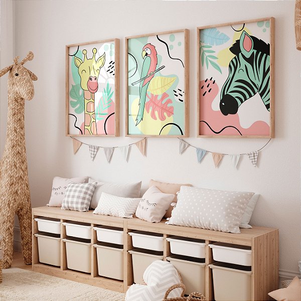 Kit 3 Quadros Quarto Infantil Cores Pasteis Girafa Zebra e Arara