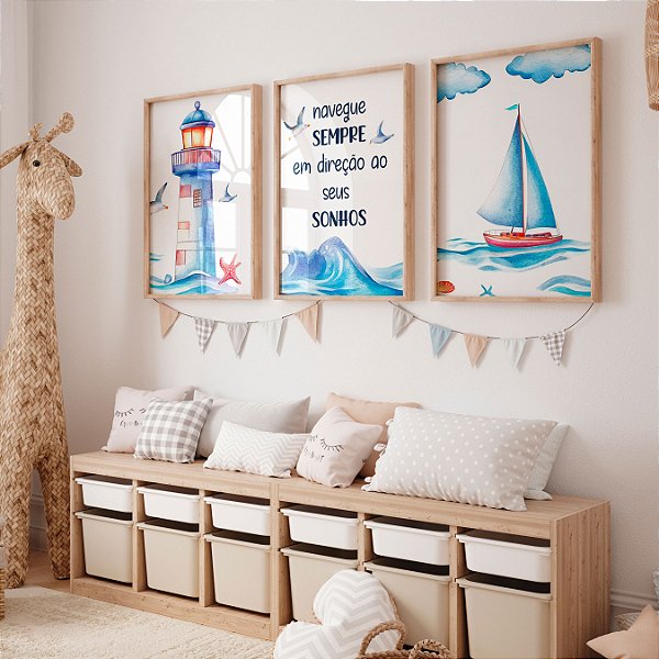 Kit 3 Quadros Quarto Infantil Farol Onda Navio Navegue Sempre em Direção ao Seus Sonhos