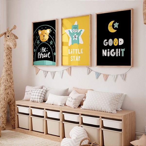 Kit 3 Quadros Quarto Infantil Seja Corajosa Estrelinha Boa Noite