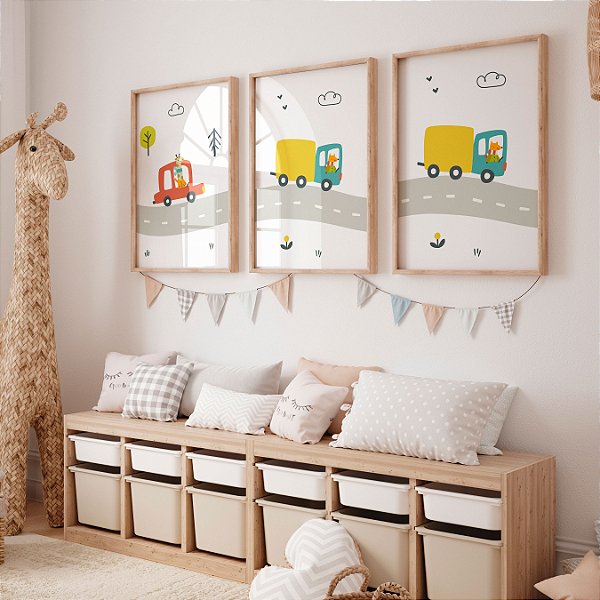 Kit 3 Quadros Quarto Infantil Carros Caminhões Estrada da Diversão
