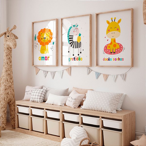 Kit 3 Quadros Quarto Infantil Brincadeira Tropical Zebra Leão Girafa