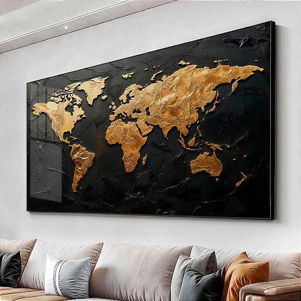 Quadro Decorativo Com Moldura Mapa Mundi Preto e Dourado