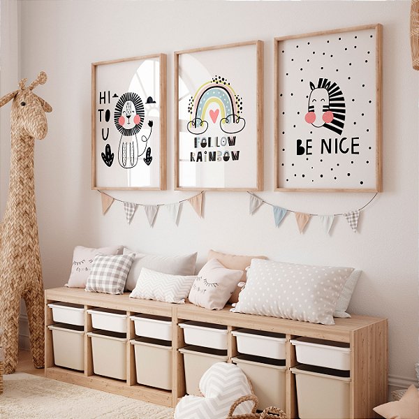 Kit 3 Quadros Quarto Infantil Zebra Seja Legal Leão Siga o Arco-íris