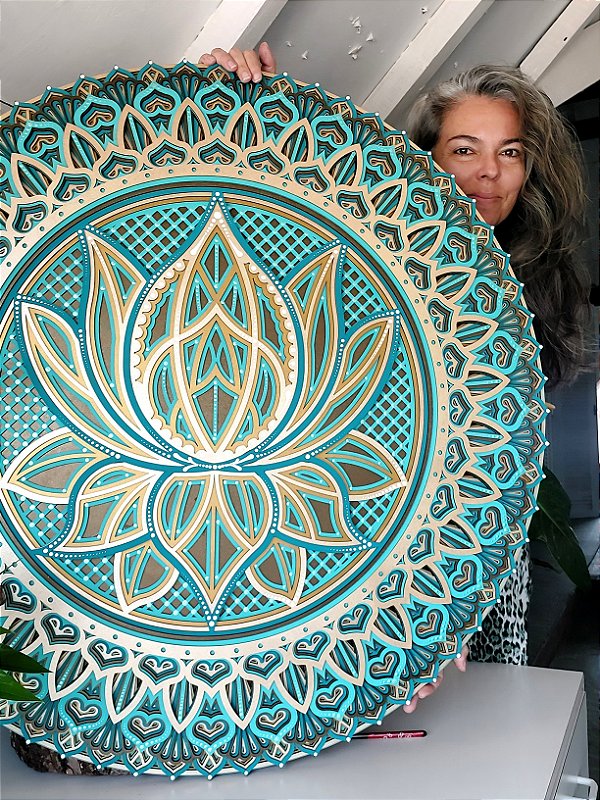 Mandala 3D 8C Flor de Lótus | Tons de turquesa e ouro (do 25cm ao 90cm)