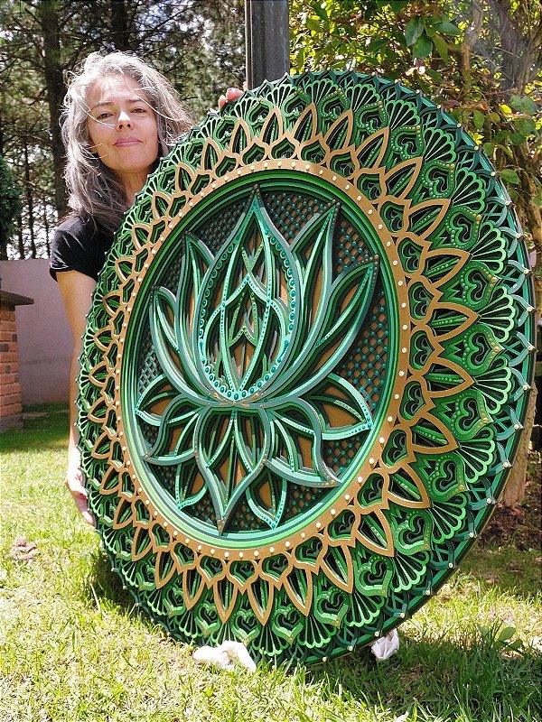 Mandala 3D 8C Flor de Lótus | Tons de verde e ouro (do 25cm ao 90cm)